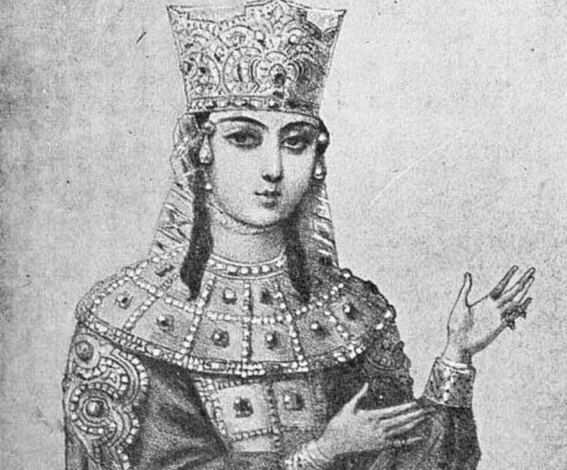 Black and white portrait of Queen Tamar of Georgia in dress and crown