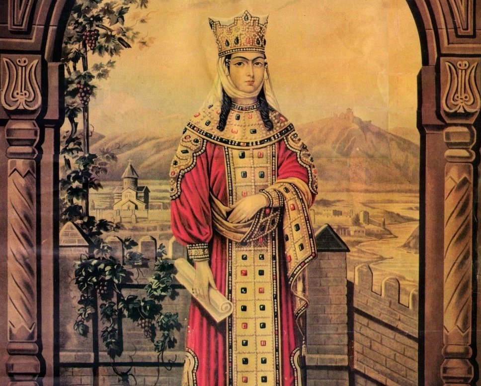A color reproduction of the 1895 lithograph depicting Queen Tamar of Georgia