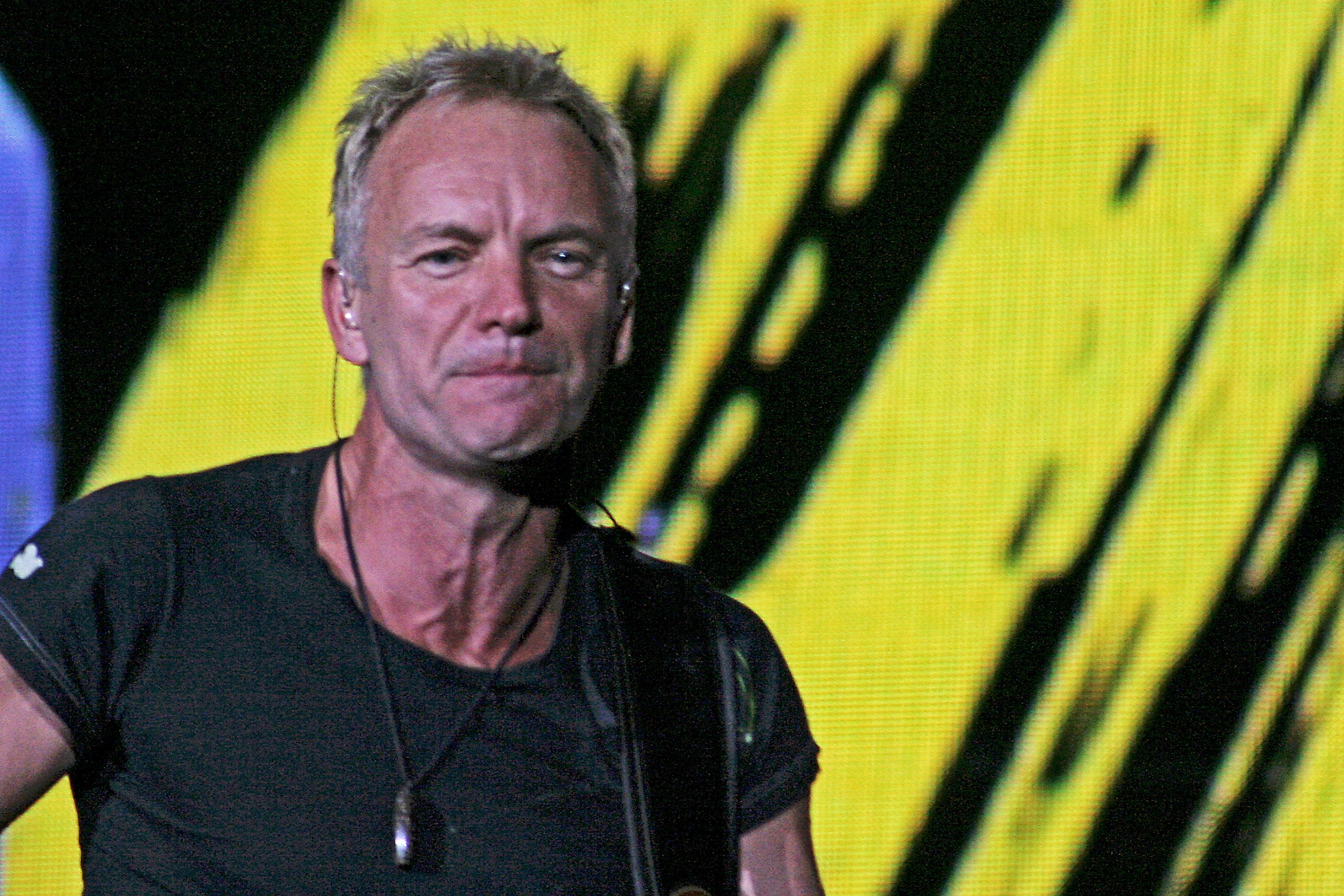 Sting is looking at camera on a black and orange background - 2007