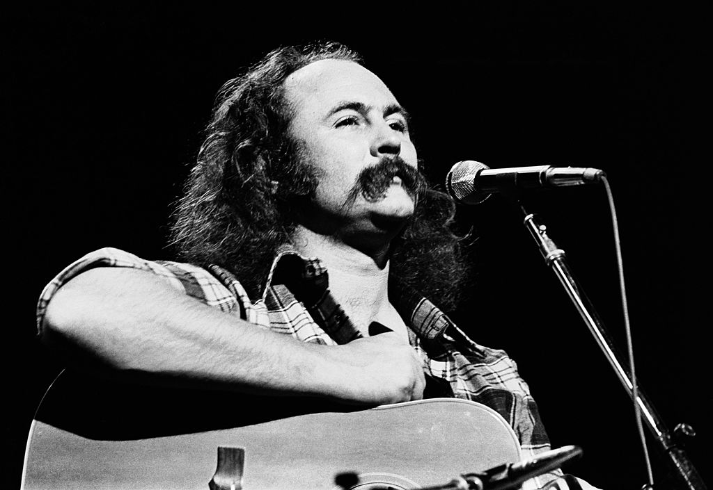 David Crosby of Crosby And Nash performs on stage at Hammersmith Odeon, London, 28th September 1976.