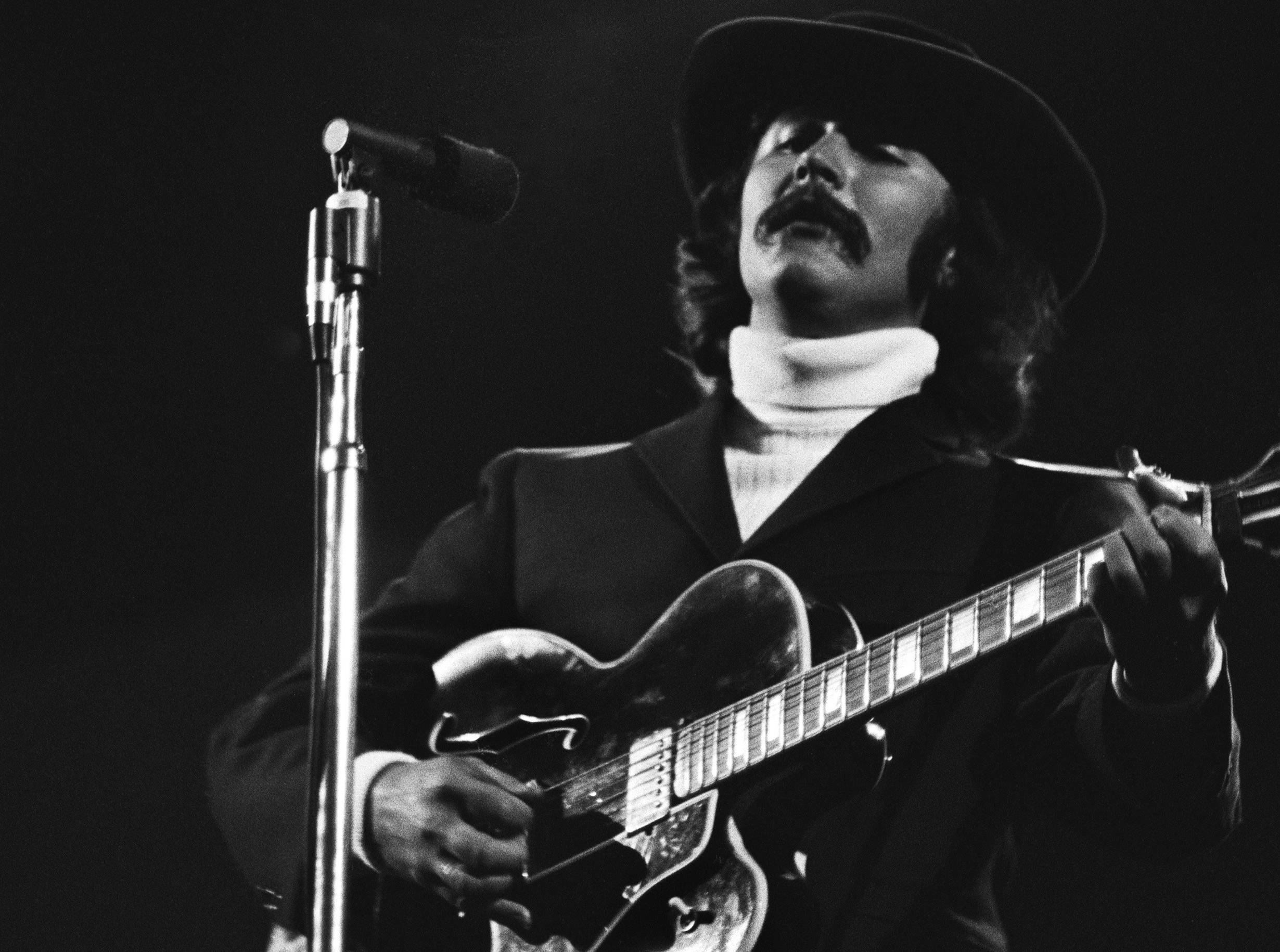 David Crosby of The Byrds performs on stage with The Buffalo Springfield at the Monterey Pop Festival on June 18 1967 in Monterey, California