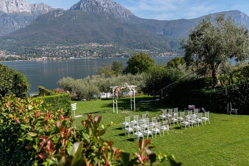 On site wedding at  Lake Como with chairs and altar placed