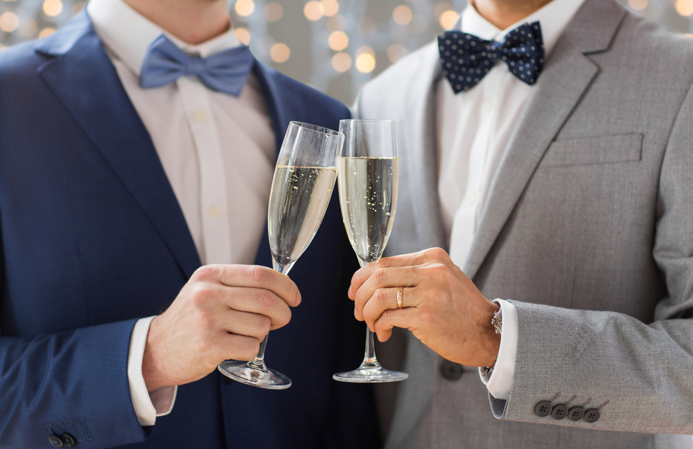 close up of happy married male gay couple in suits and bowties