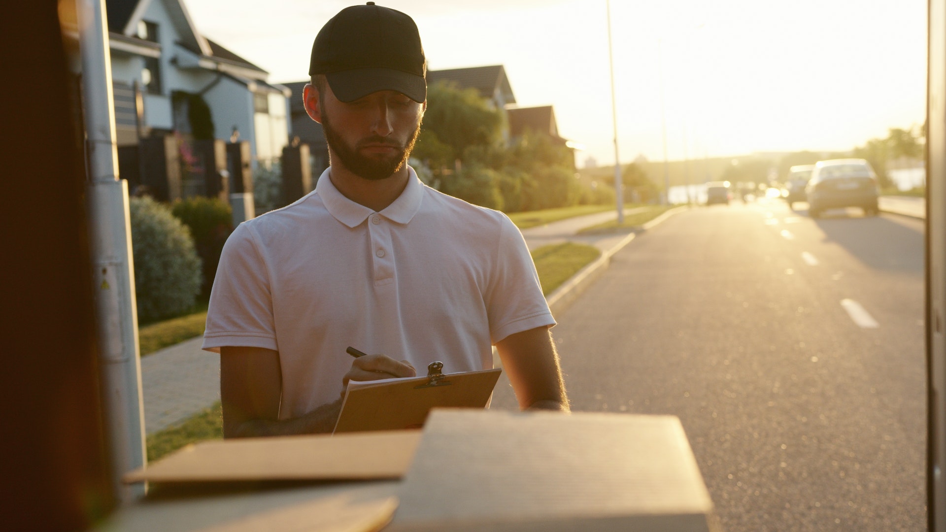 Man in white polo shirt making a delivery