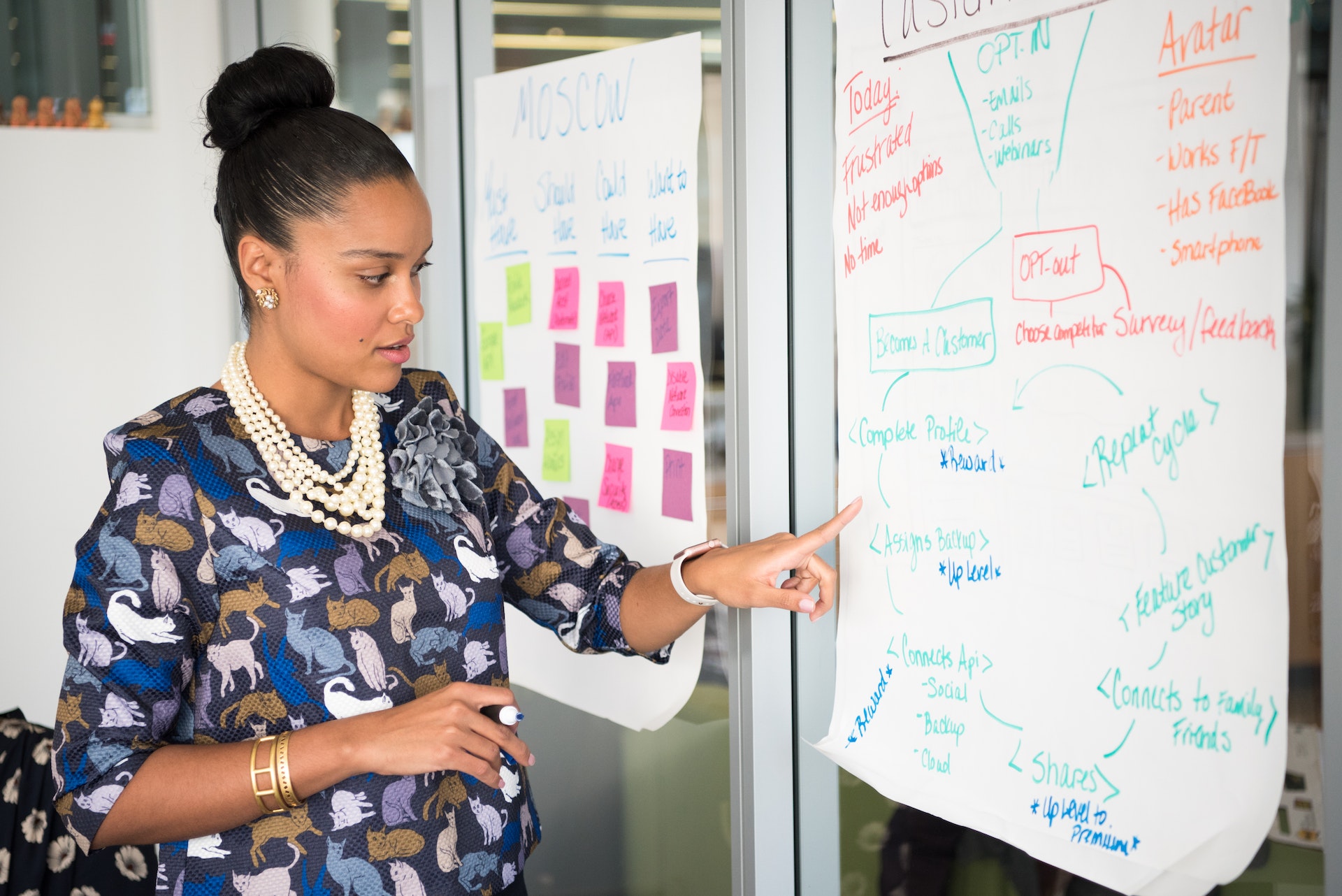 Woman making a presentation in colorful shirt