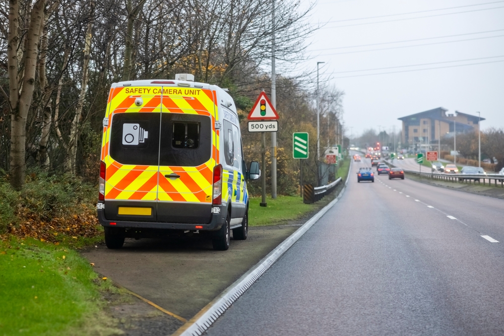 Mobile radar speed safety camera unit parked