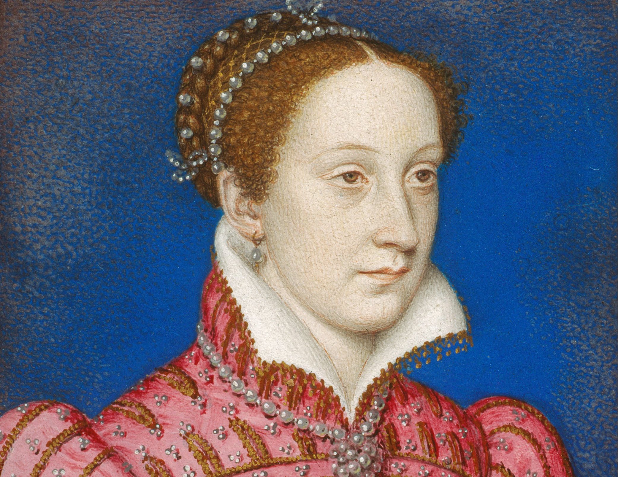 Mary, Queen of Scots in red dress on a blue background