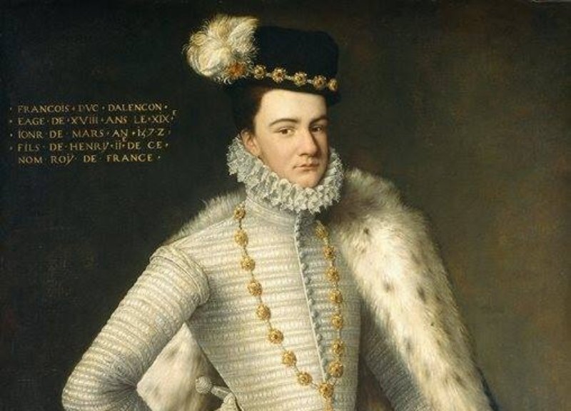 Prince Hercule-François, Duke of Alençon in white clothes and a black hat with feather looking