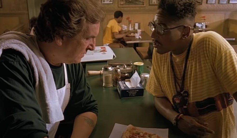 When Sal (Danny Aiello) refuses to put pictures of black people on the wall of his pizzeria, Buggin Out (Giancarlo Esposito) starts a commotion.