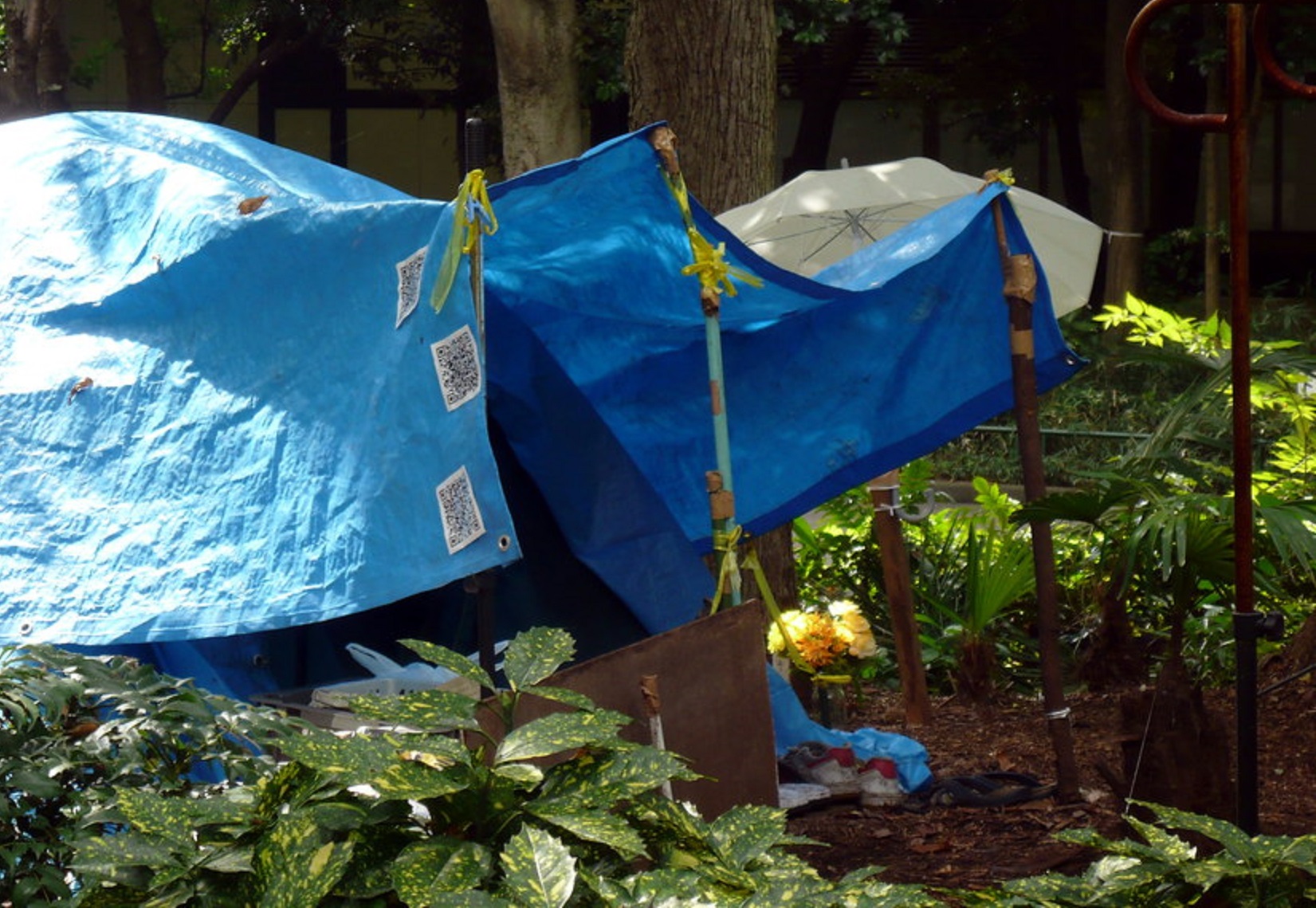 A tent from a homeless camp in Tokyo, Japan.