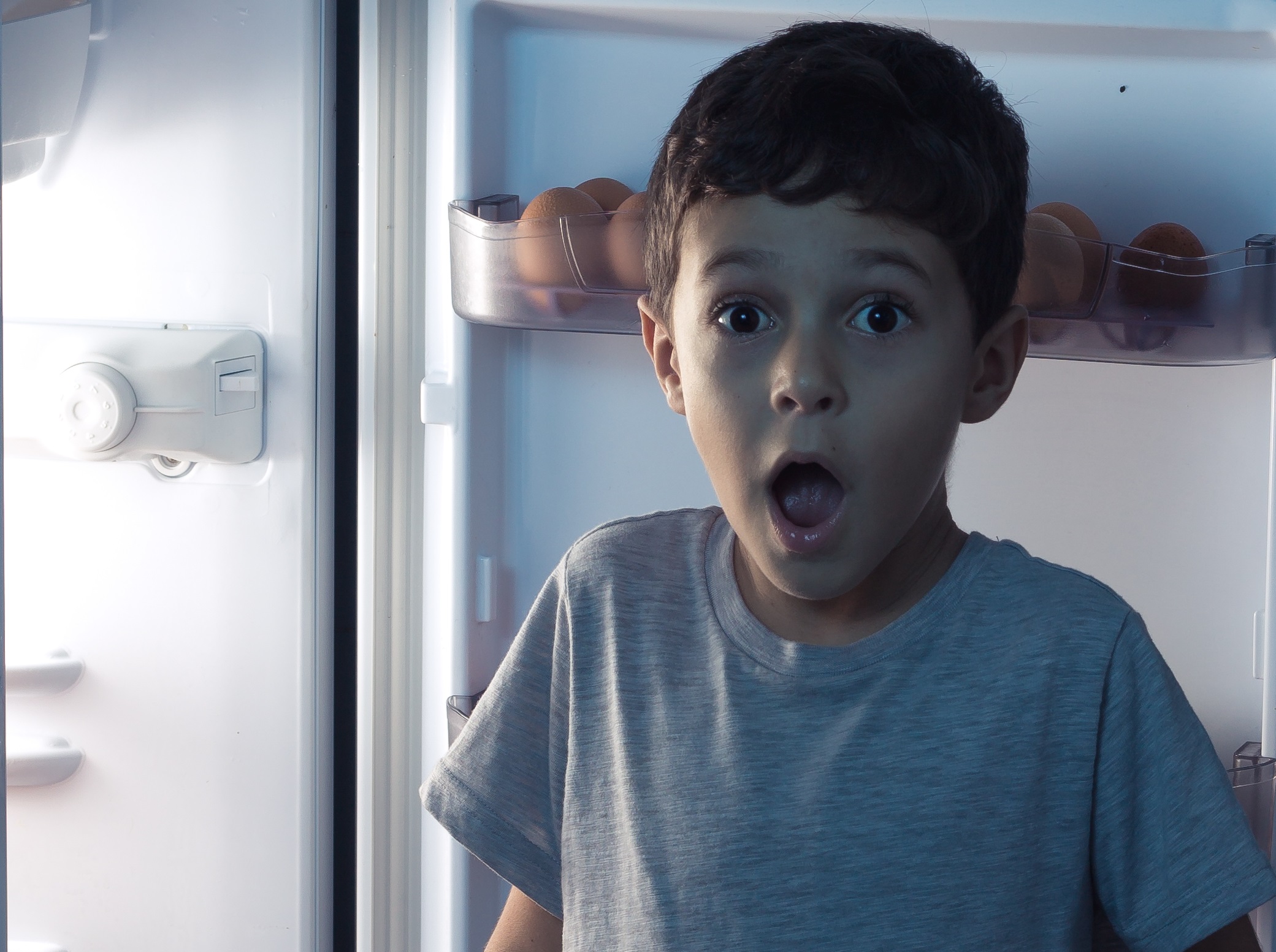 Surprised kid standing by the open fridge.