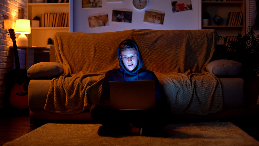 Boy in hoodie using laptop