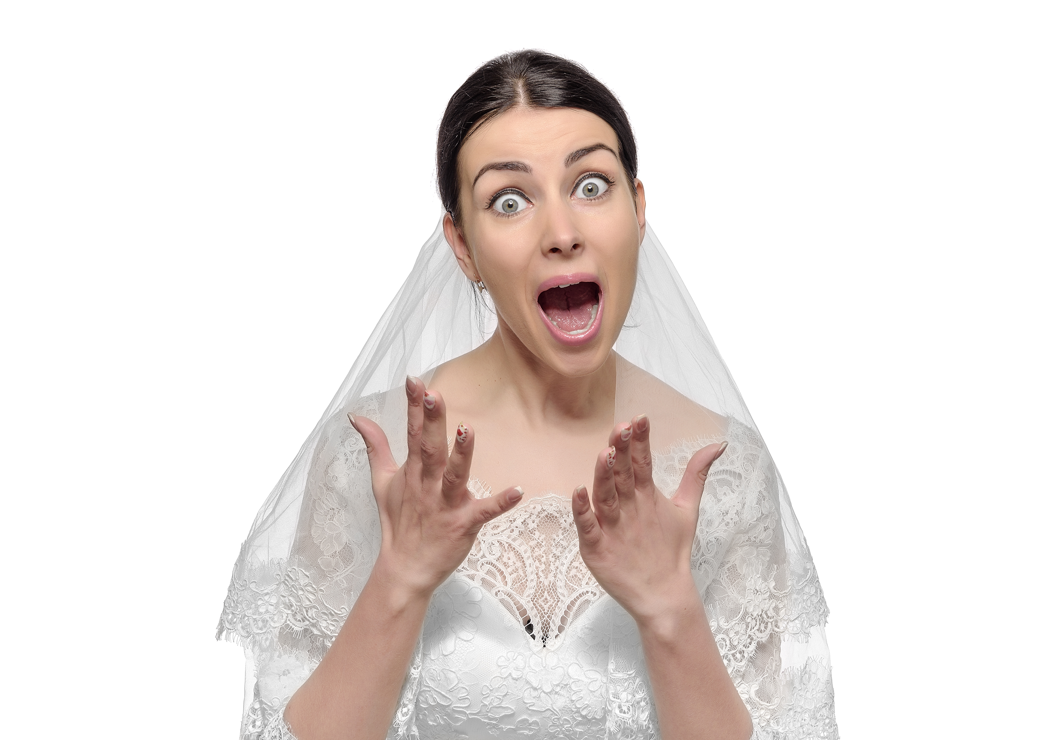 Angry bride in wedding dress screaming. Isolated on white background.
