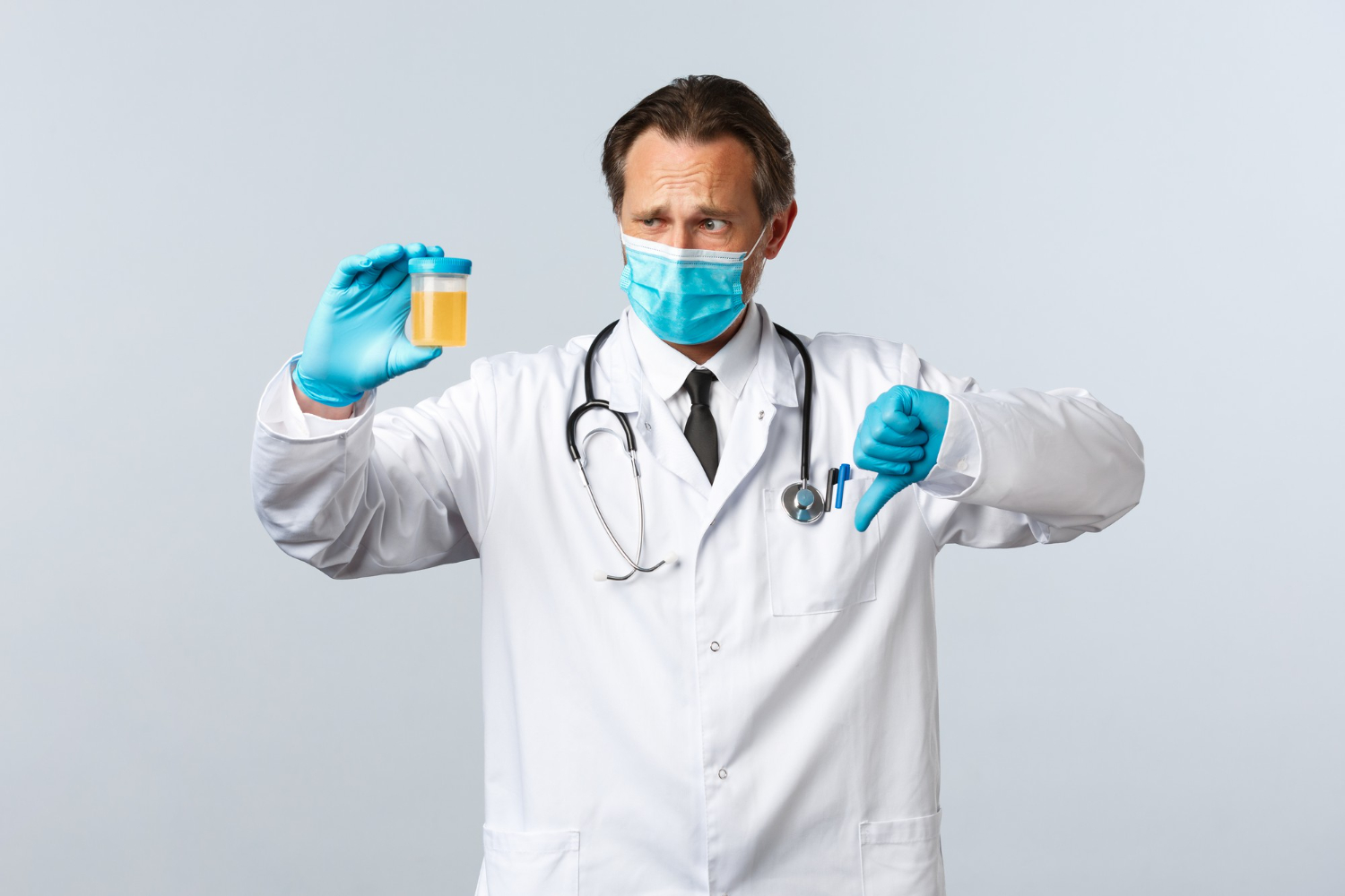 Doctor is looking confused holding a plastic cup with urine.