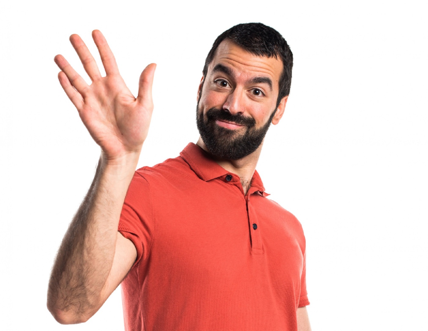 Man wearing red polo shirt is waving on white background.