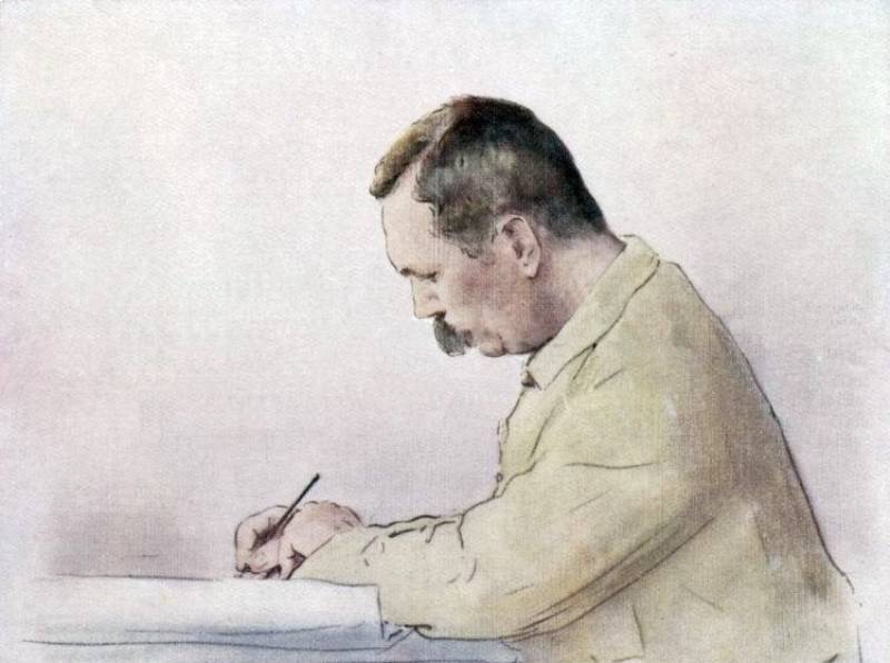 Sir Arthur Conan Doyle sitting at a desk writing