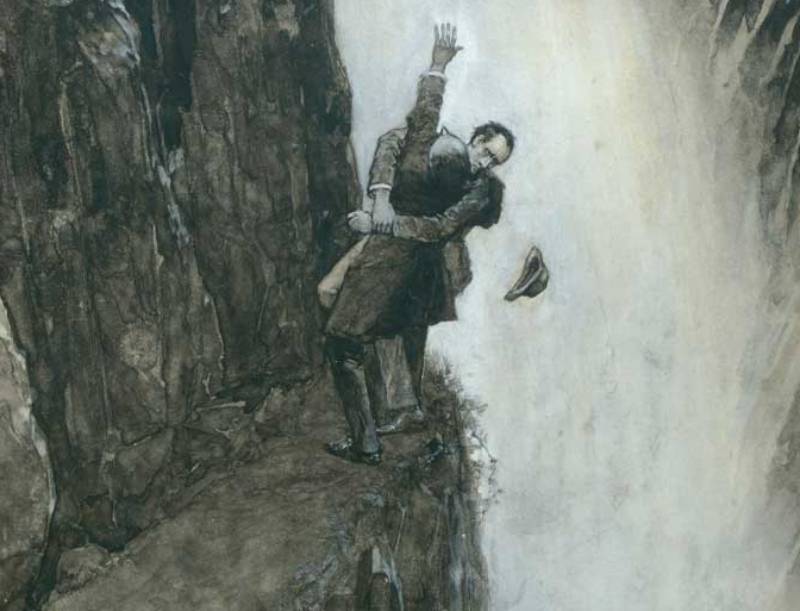 Sherlock Holmes and Moriarty at the Reichenbach Falls.