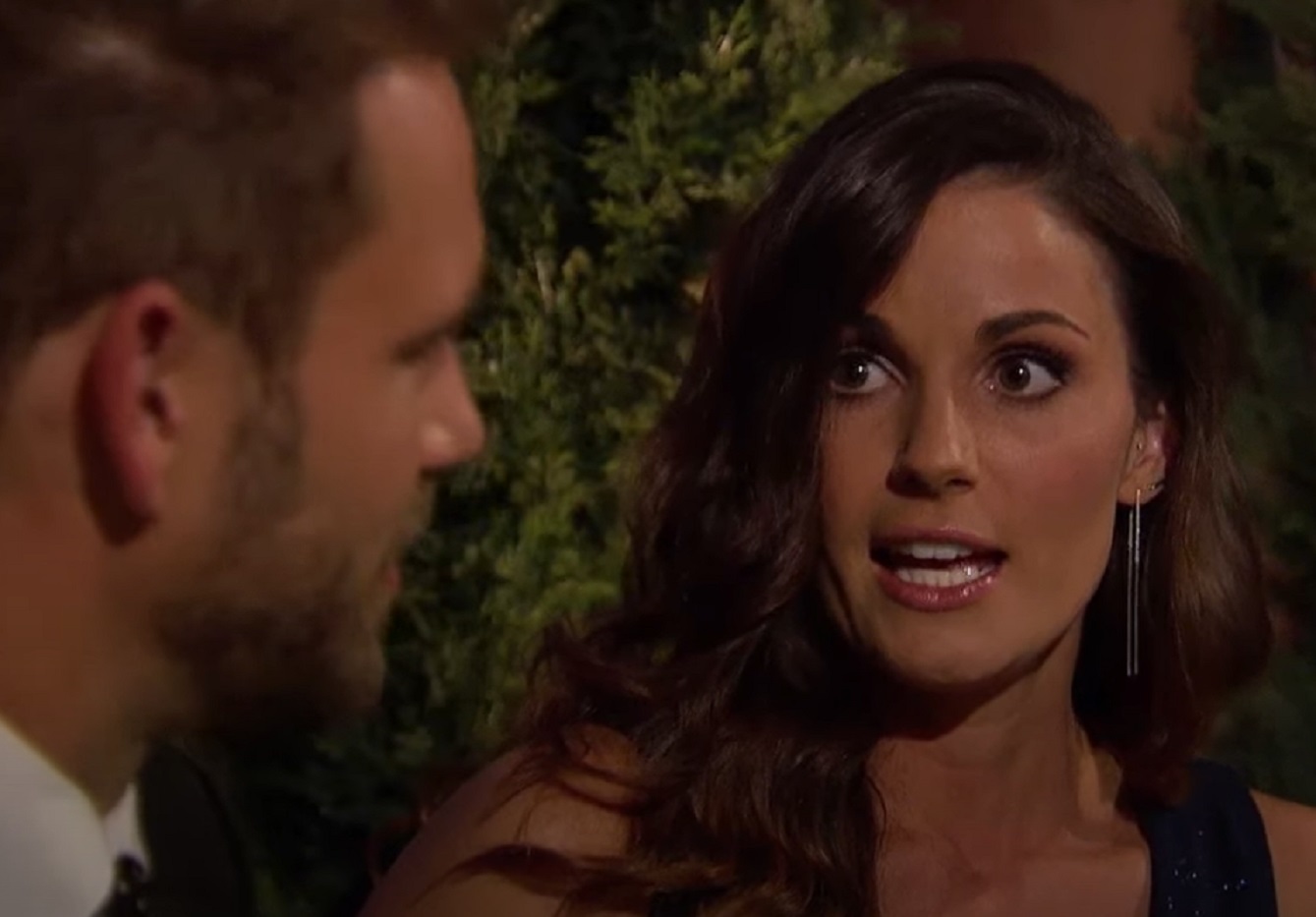 Screenshot: Liz Sandoz And Nick Viall are seating and talking outside - from The Bachelor (American TV series)