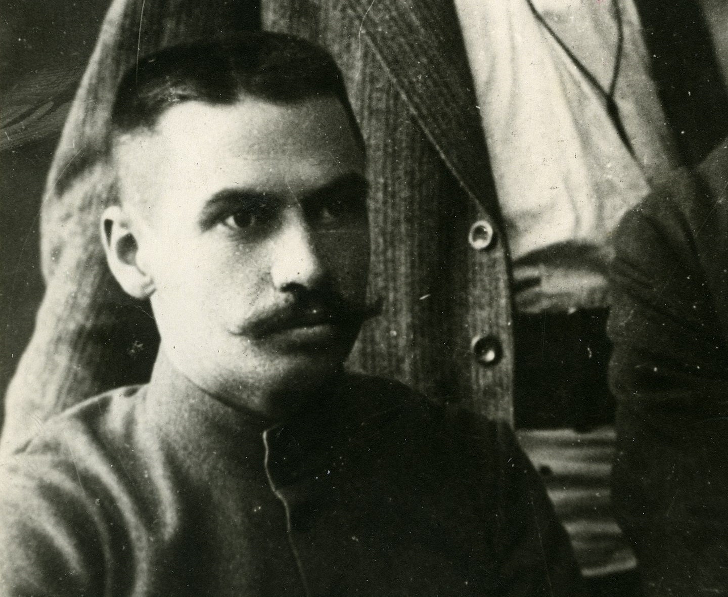 B&W portrait of Gavril Myasnikov - looking at side 1917