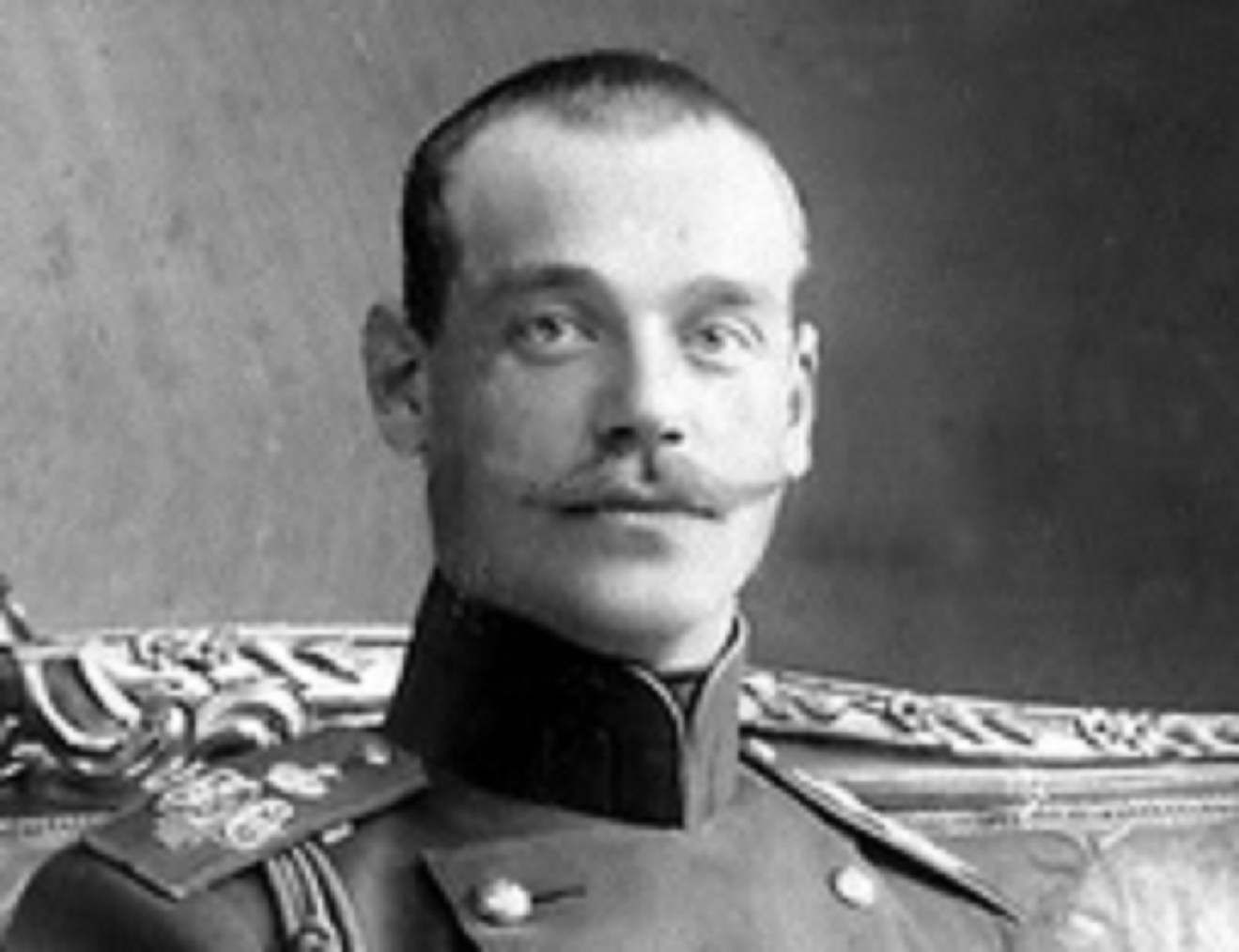 B&W photo of Grand Duke Michael Alexandrovitch wearing military uniform and looking at camera - circa 1917