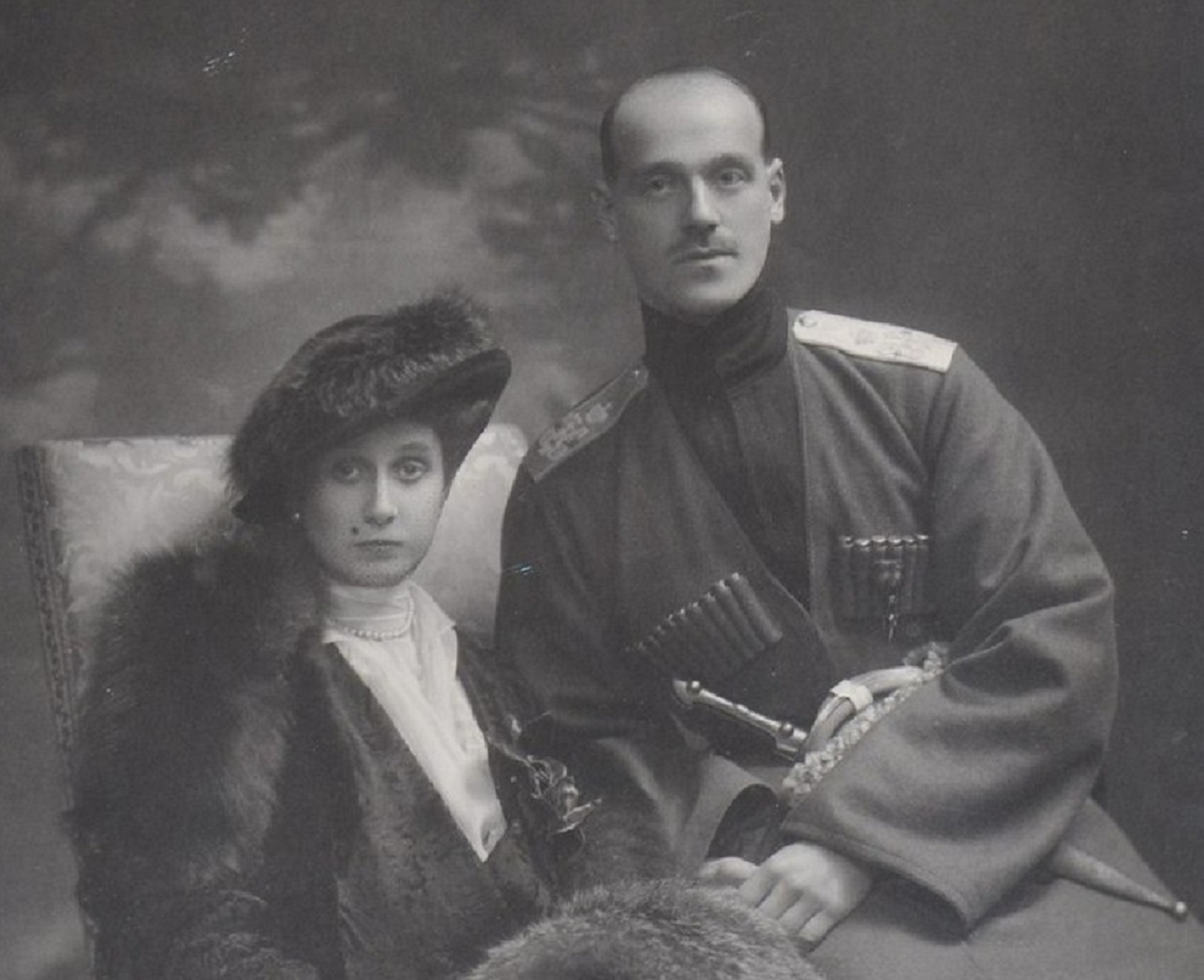 Grand Duke Michael And Natalia Brasova looking at camera - circa 1912