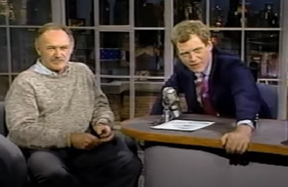 Gene Hackman at Late Night with  David Letterman in gray sweater