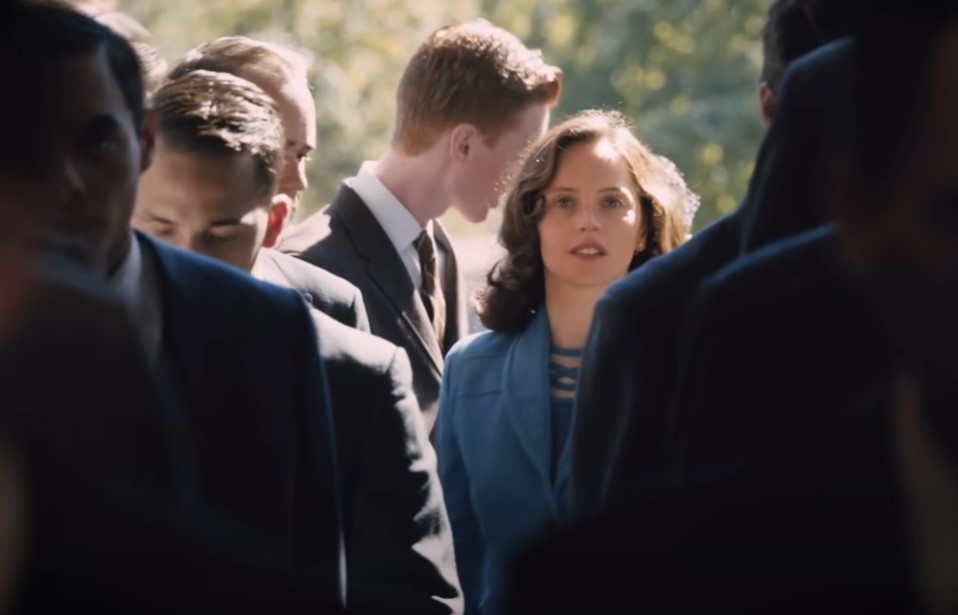 Felicity Jones as Ruth Bader Ginsburg in blue suit going to work