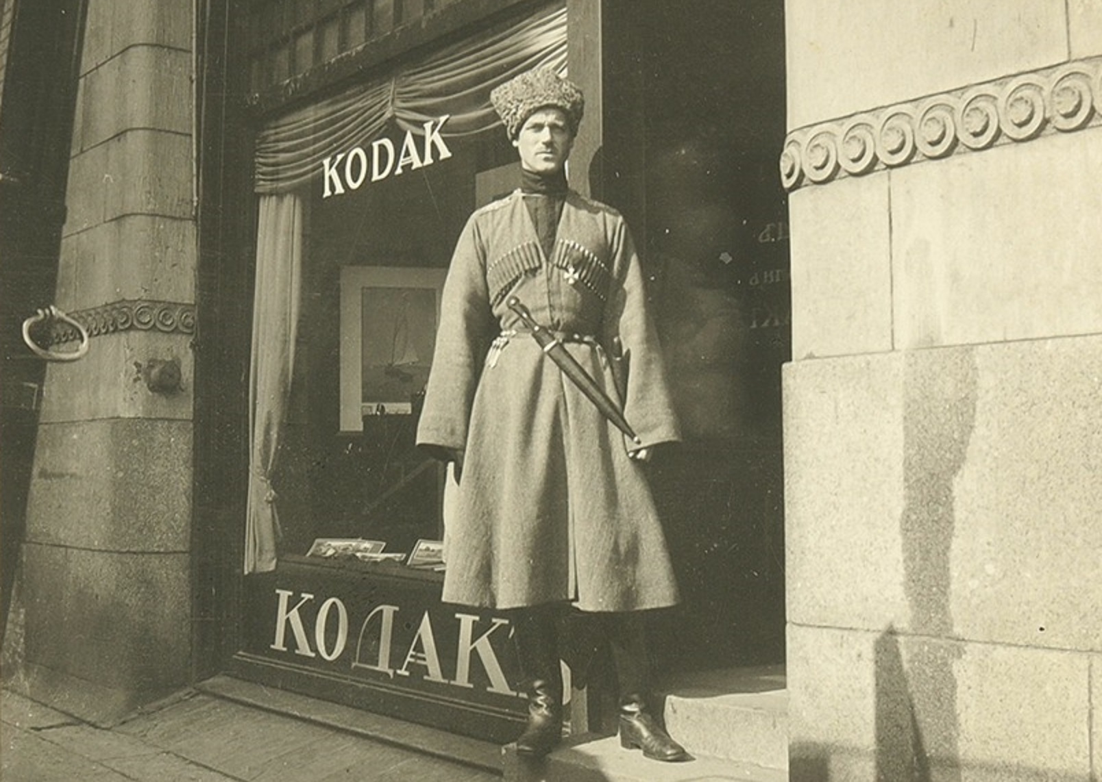 B&W photo of Grand Duke Mikhail Alexandrovich Romanov wearing military uniform is standing outside - circa 1912-1914