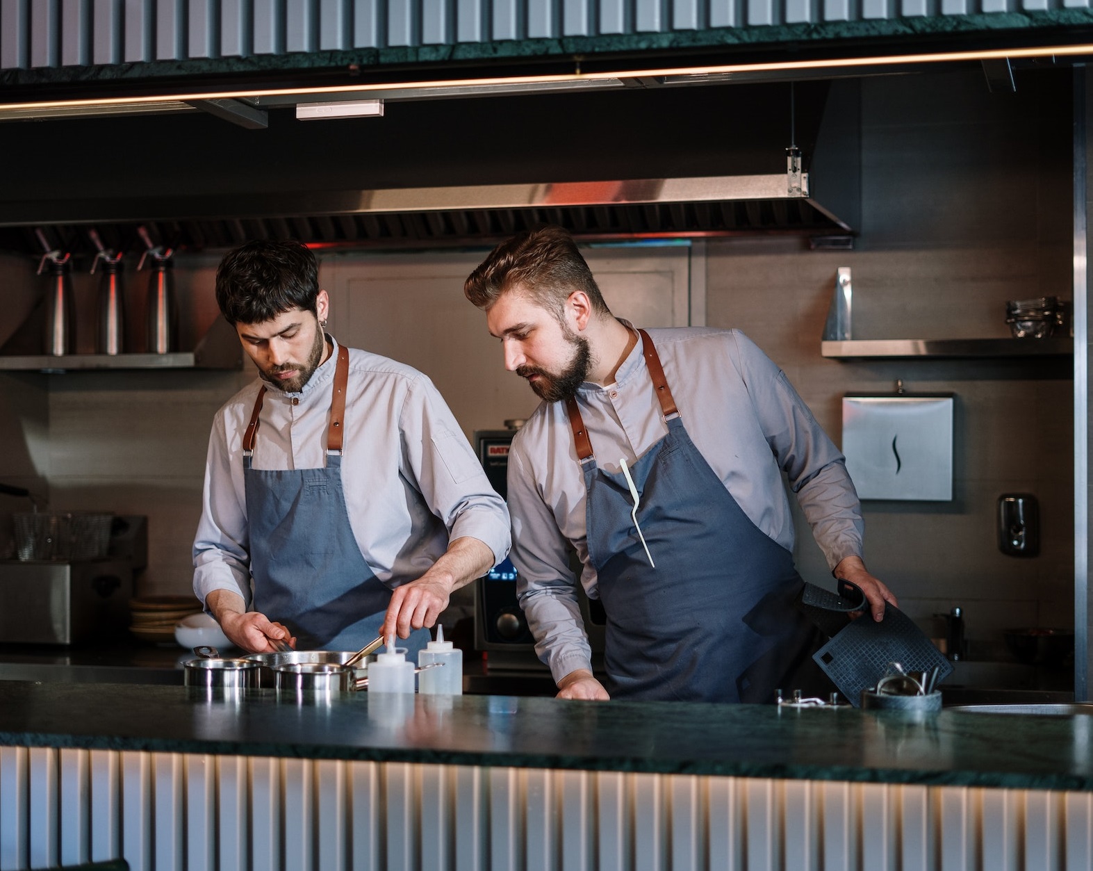 Two chefs are making a meal in the kitchen.
