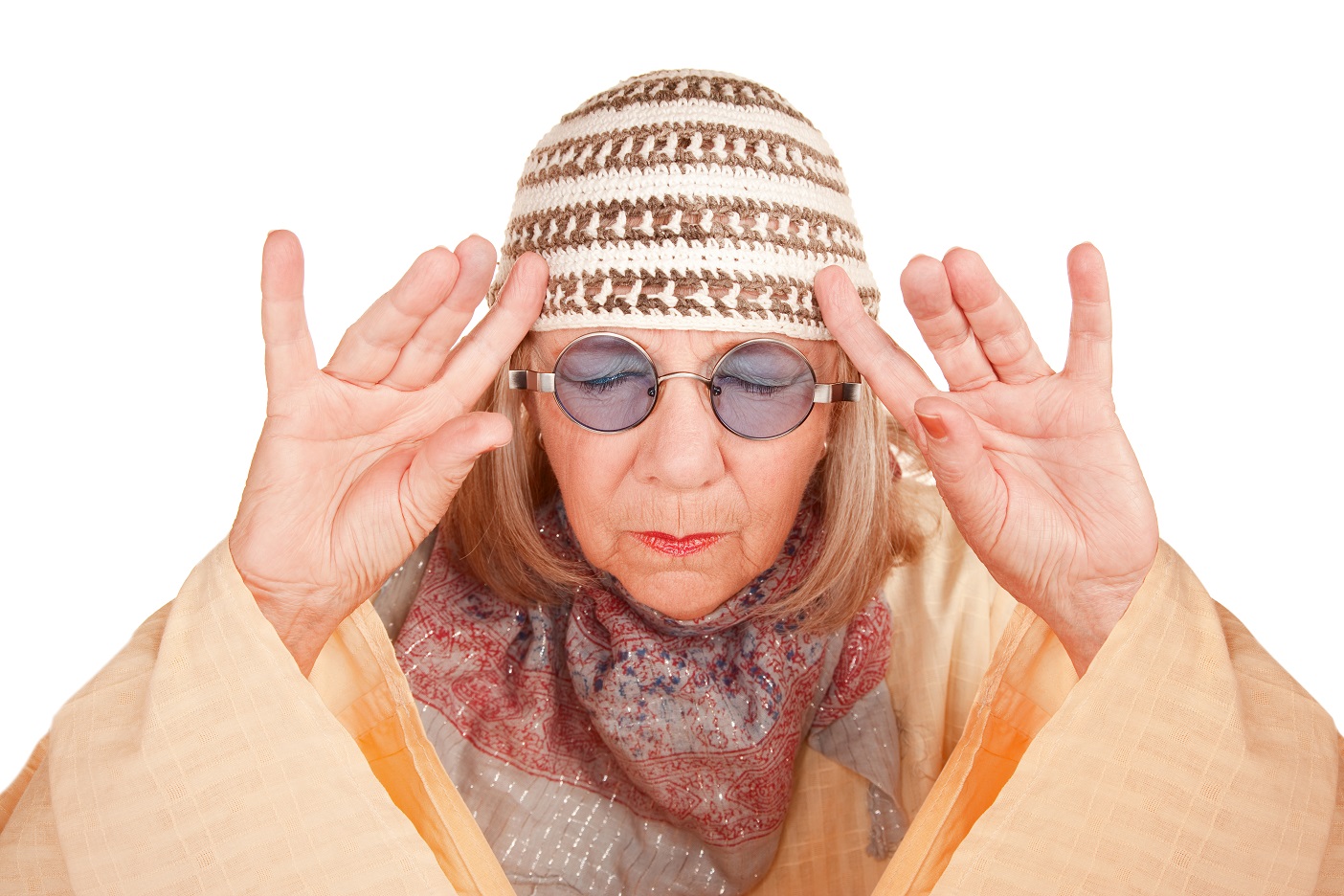 Hippie woman is touching her head and thinking on white background.