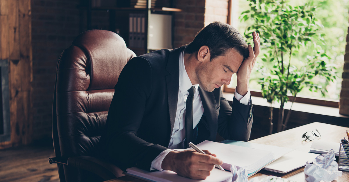 Profile side view portrait of elegant classy handsome sad man business shark ceo boss chief attorney lawyer writing article fail failure at work place station table desktop