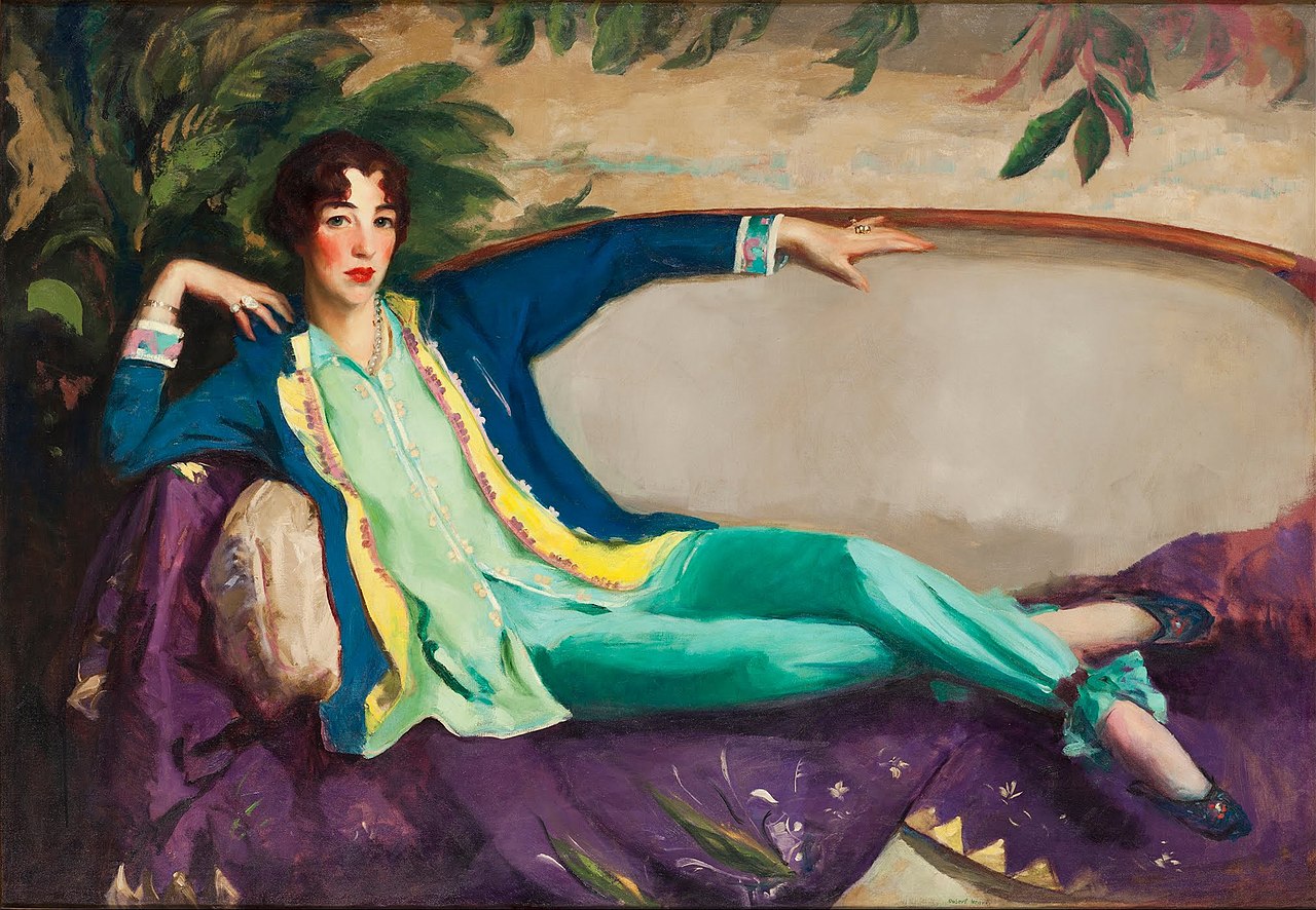 Painting of Gertrude Vanderbilt Whitney seating on the sofa and looking at front  - 1916