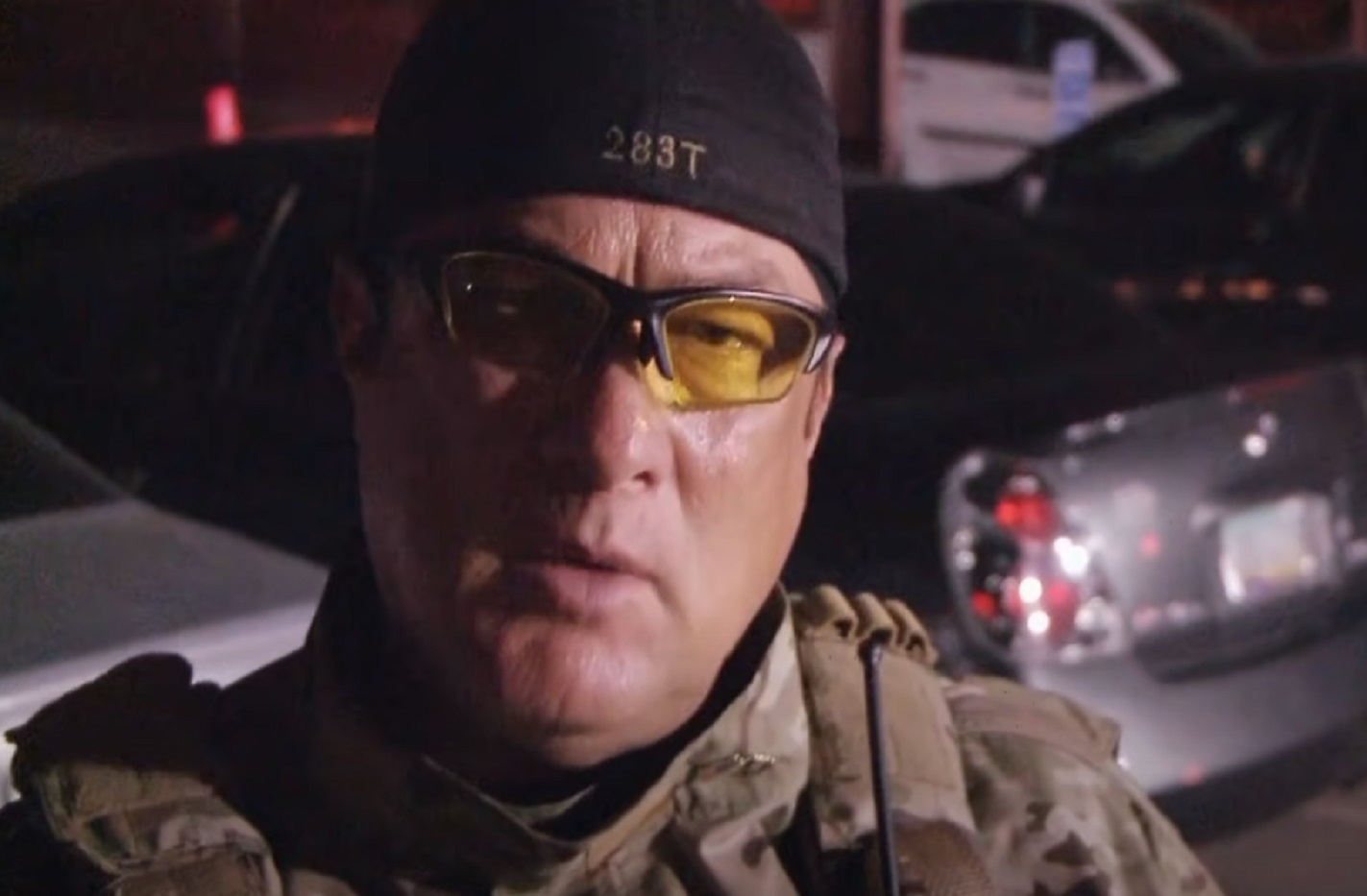 Screenshot: Steven Seagal wearing military uniform is talking to the camera - from Steven Seagal- Lawman (2019)