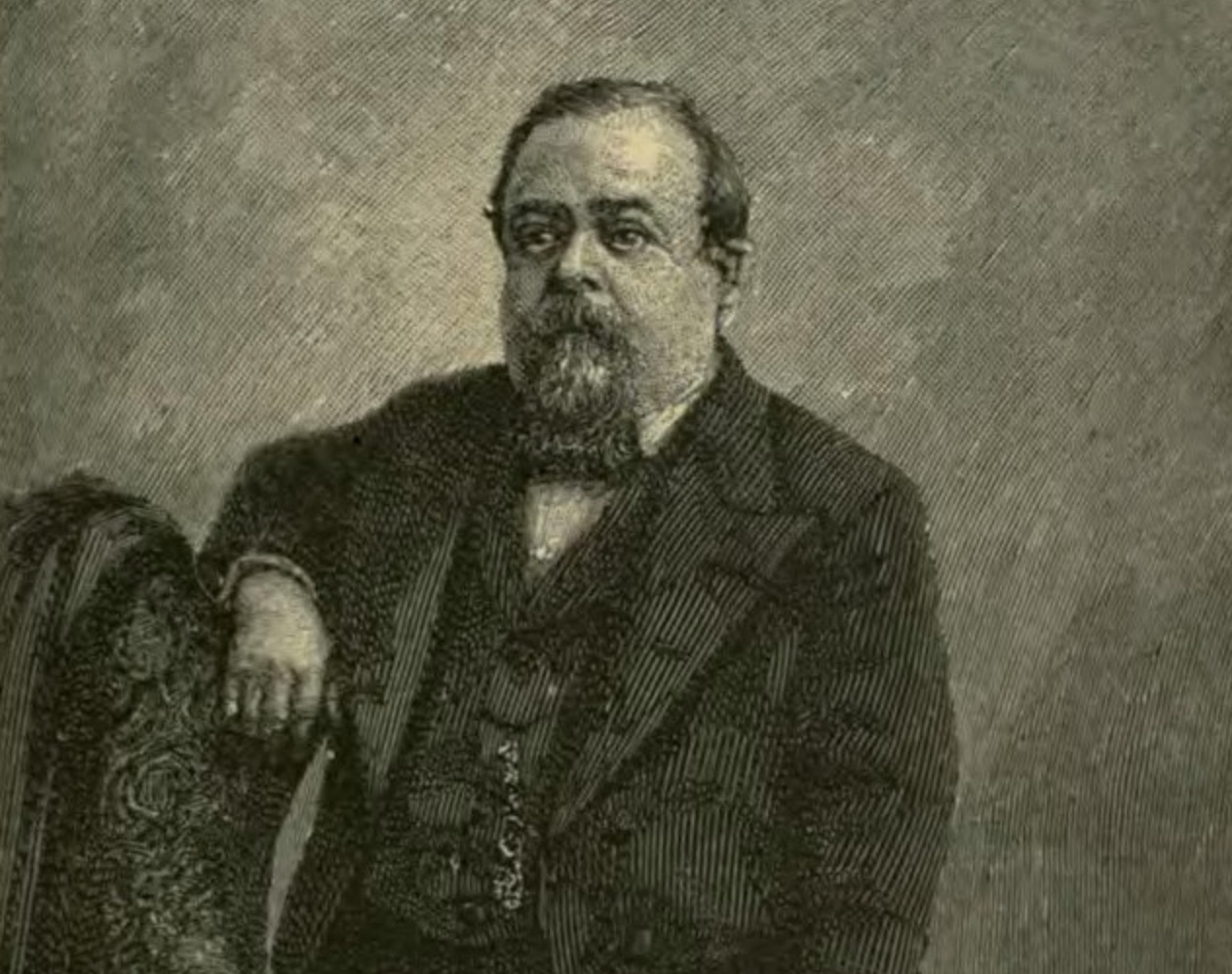 B&W image of Charles Sherwood Stratton wearing black suit and looking at side.