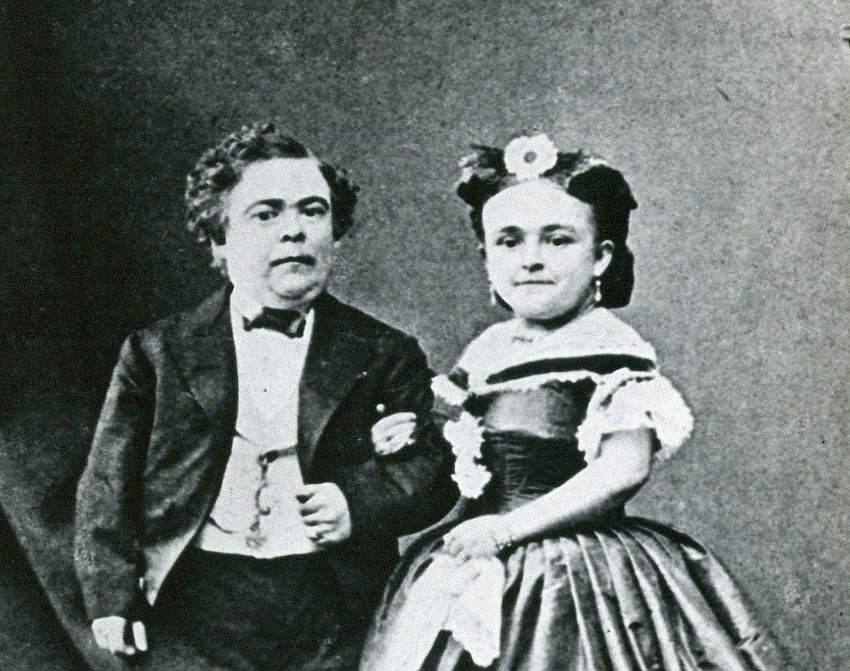 Charles Sherwood Stratton and his wife Lavinia Warren Stratton looking at camera - circa 1865