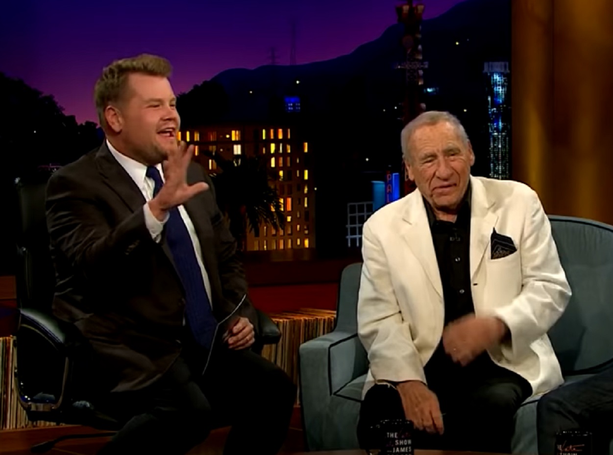 Screenshot: Mel Brooks is seating and talking with James Corden  - from The Late Late Show With James Corden (2015-2023)