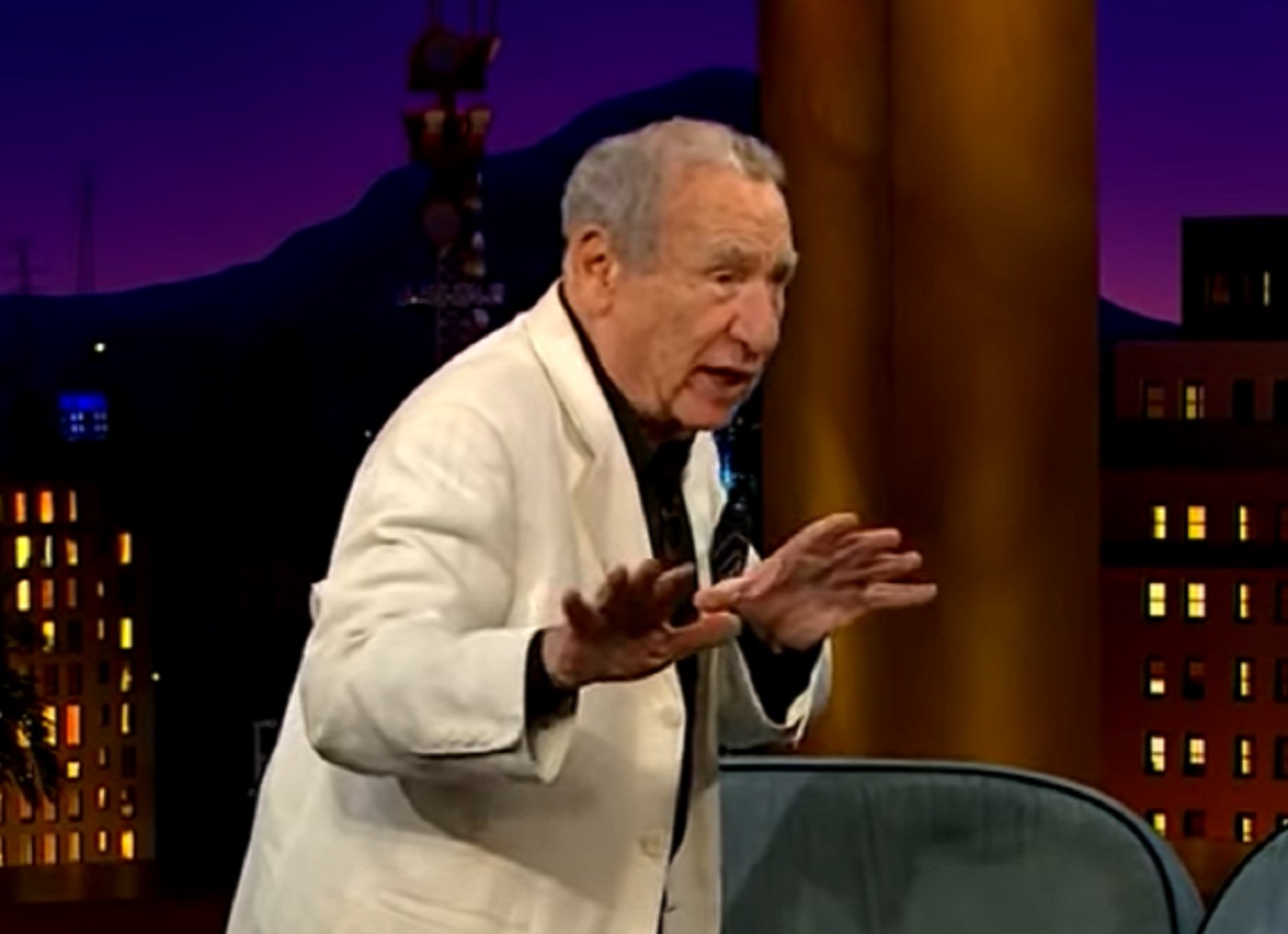 Screenshot: Mel Brooks is making hand gesture  - from The Late Late Show with James Corden (2015-23)