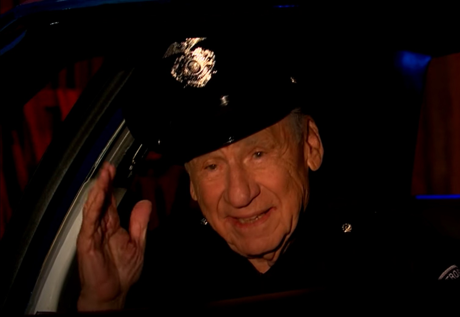 Screenshot: Mel Brooks is waving with hand from the car - from The Late Late Show With James Corden (2015-2023)