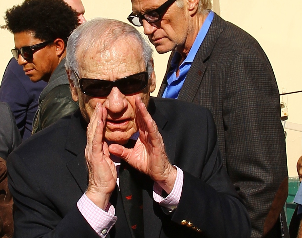 Mel Brooks wearing black suit and glasses is talking to the people - 2013