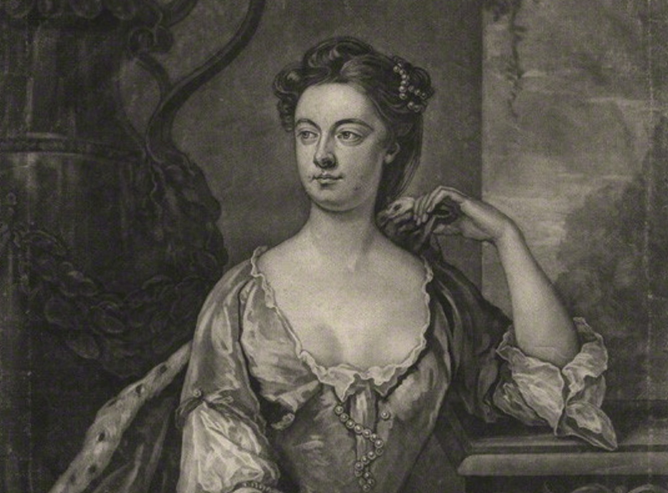 B&W engraving of Anne Vane looking at side - 1756