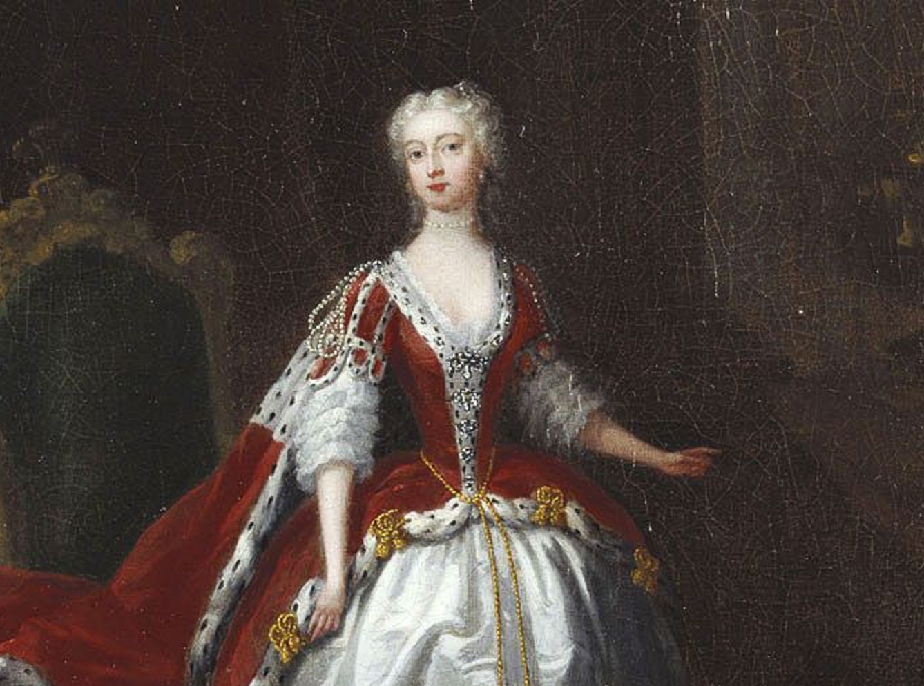 Portrait of Princess Augusta of Saxe-Gotha wearing white and red royal outfit - from 1736 until 1738