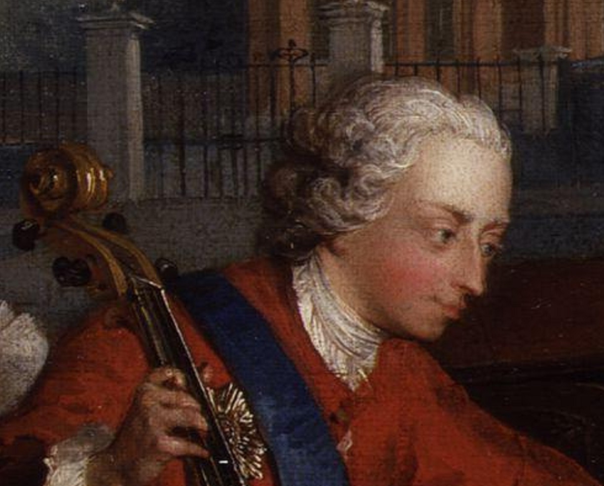 Portrait of Frederick, Prince of Wales wearing red royal outfit and playing the cello - 1733