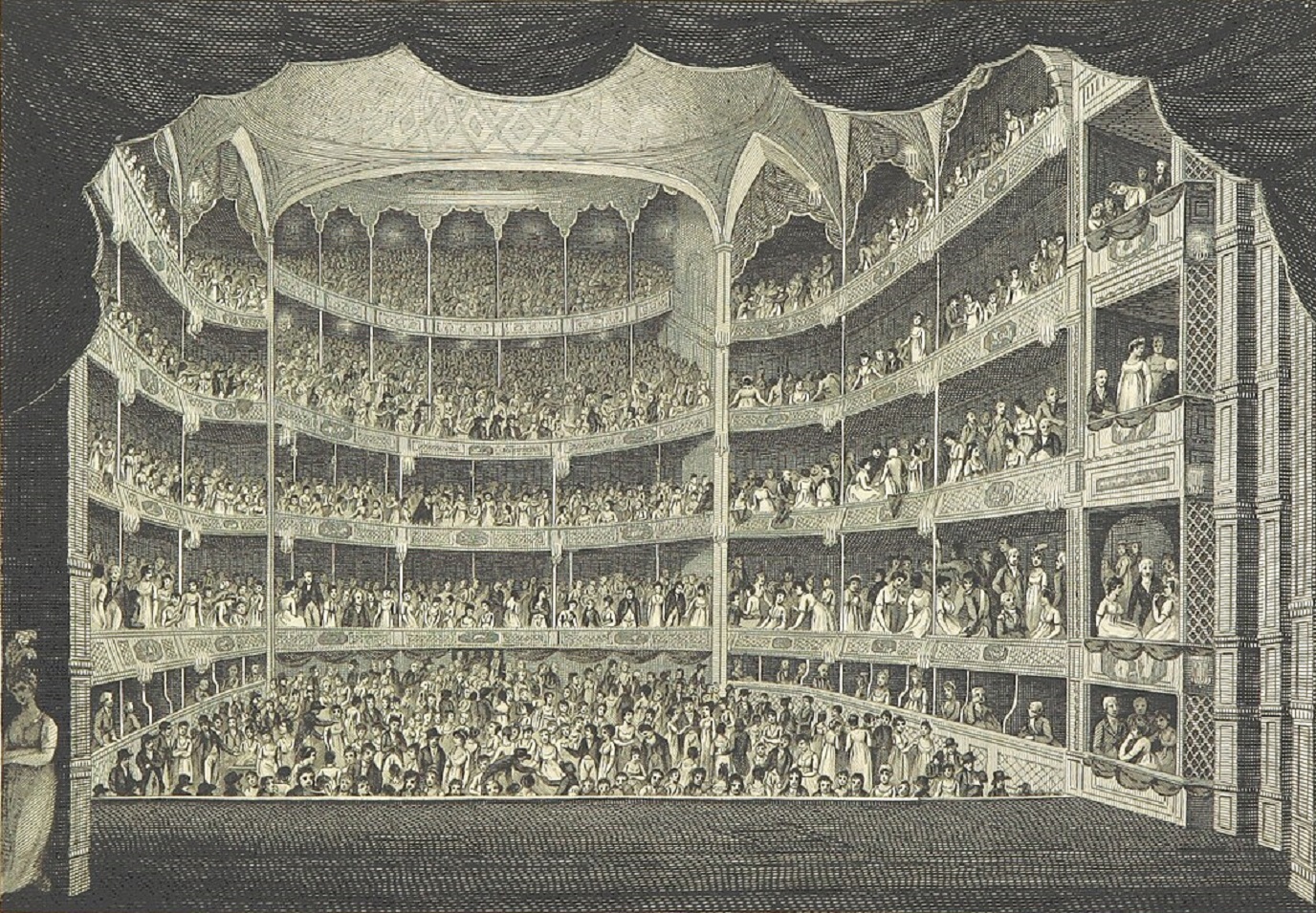 B&W illustration of Drury Lane Theatre - 1804