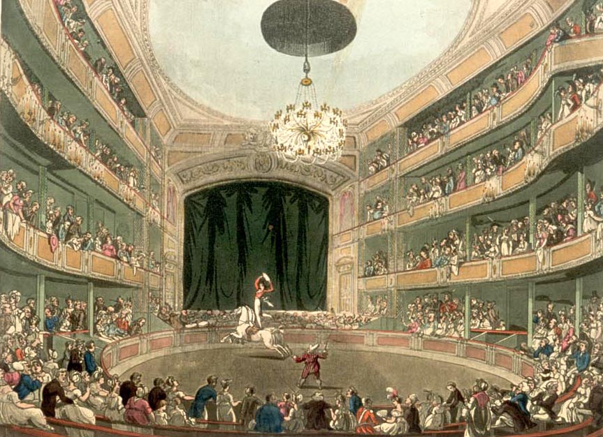 Astley's Amphitheatre in London as drawn by Thomas Rowlandson and Augustus Pugin for Ackermann's Microcosm of London (1808-11).