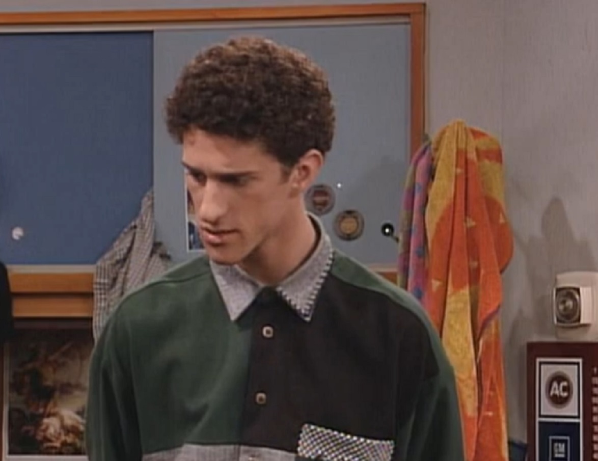Screenshot: Dustin Diamond is looking down upset - from Saved by the Bell: The College Years (1993-1994)
