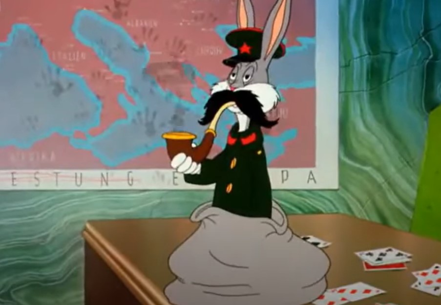 Bugs Bunny wearing fake mustaches and military uniform