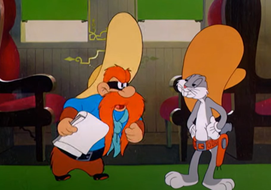 Bugs Bunny Yosemite Sam  in hare trigger in a train wearing cowboy hats