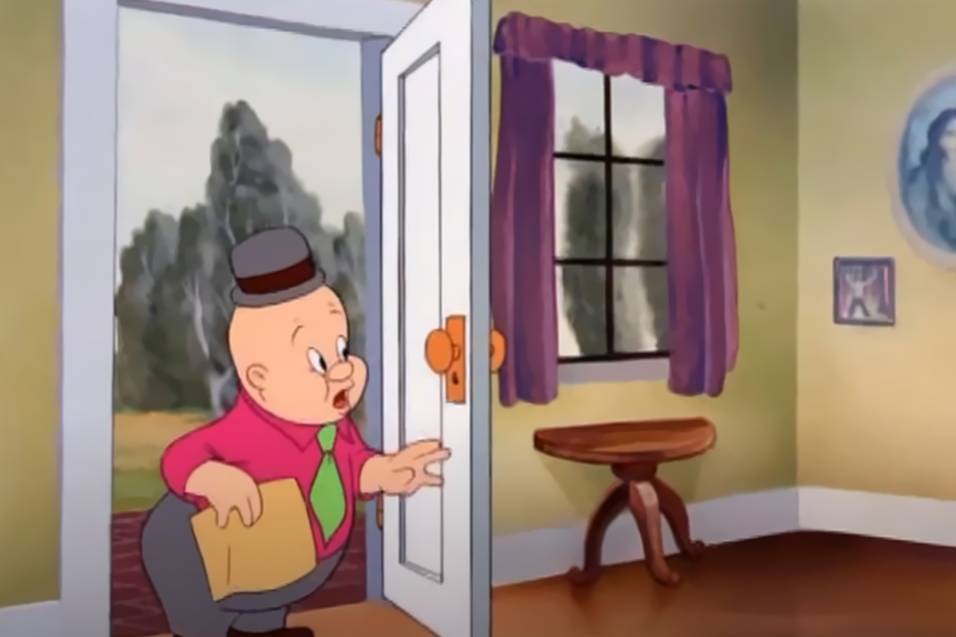 Fat Elmer Fudd   getting into a house in pink shirt