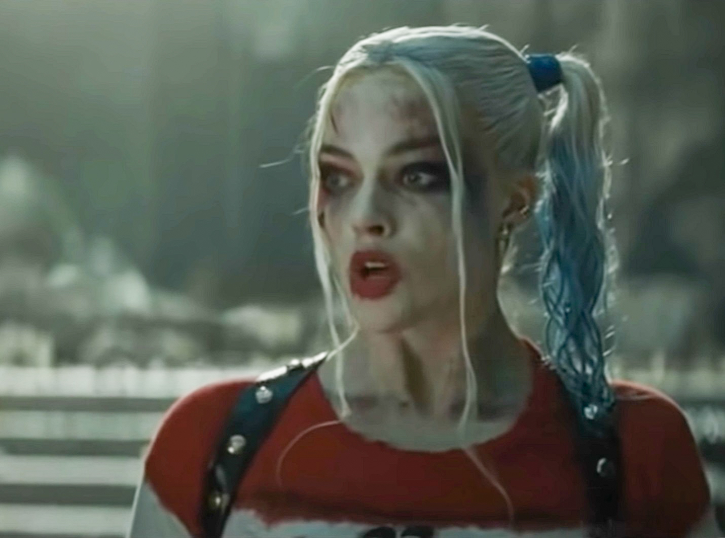 Screenshot: Harley Quinn (Margot Robbie) looking surprised - from Suicide Squad (2016)