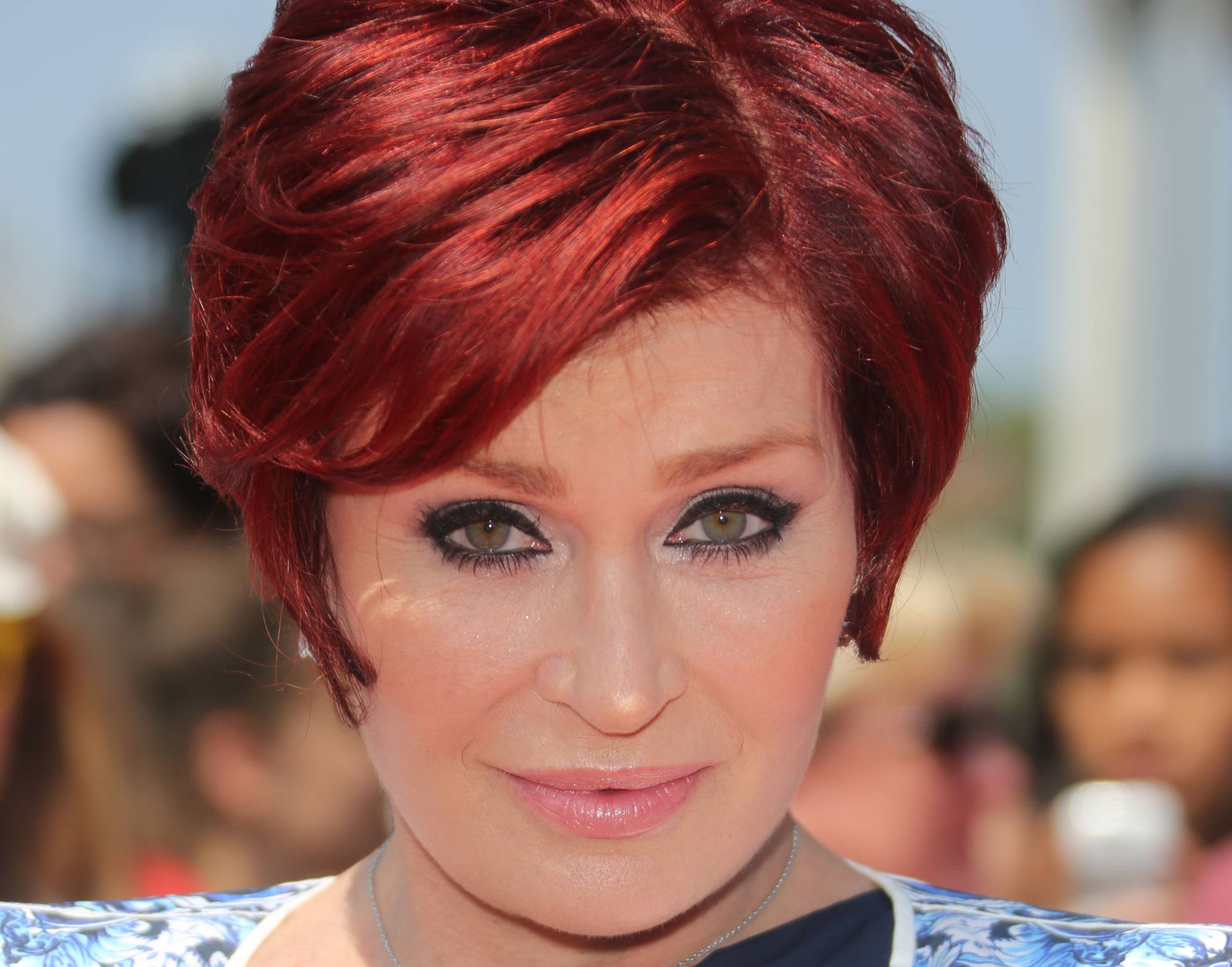 Sharon Osbourne at The X Factor London auditions held at Wembley arena, London in blue and white top